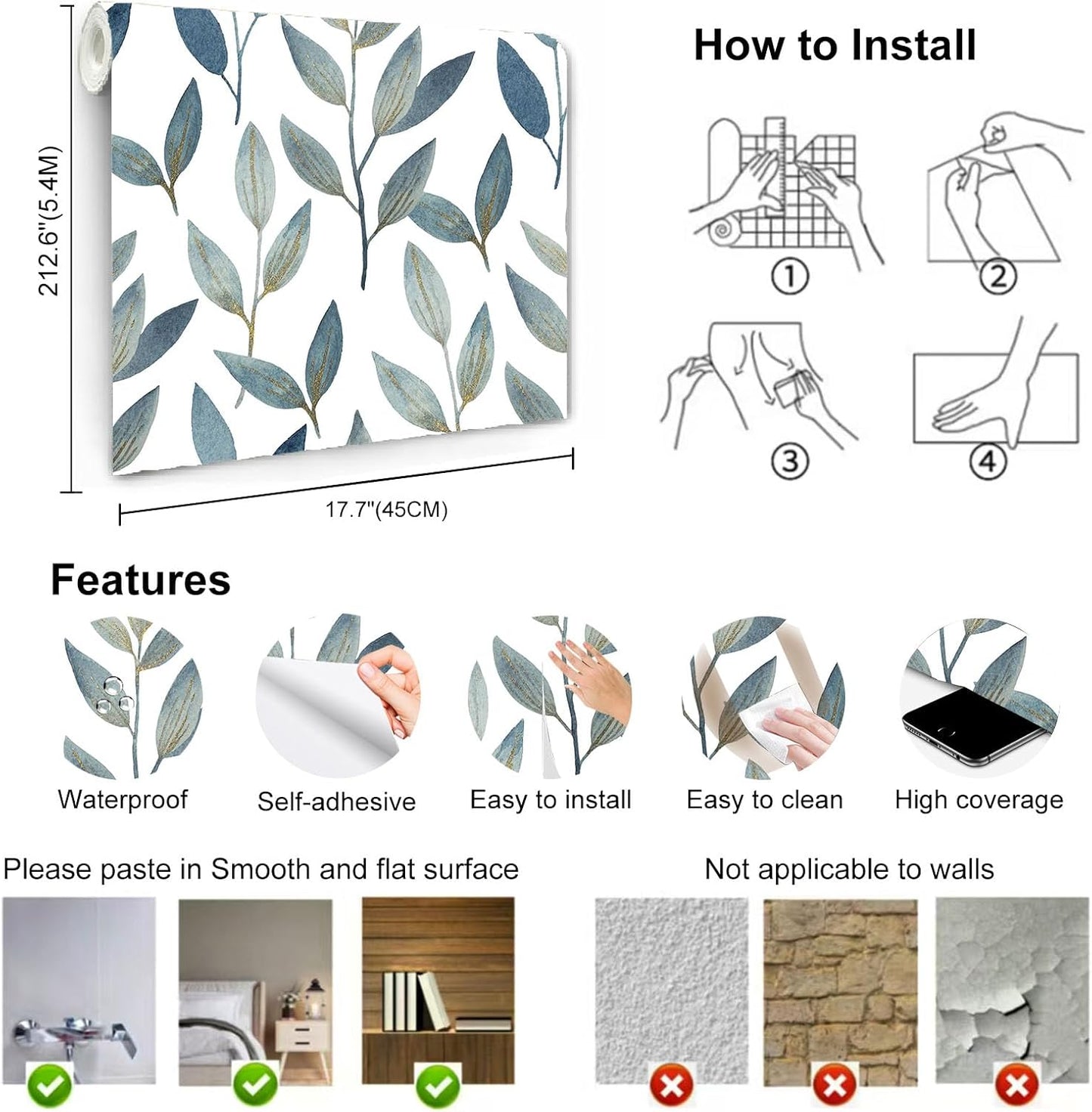 Blue Gold Leaf Peel and Stick Wallpaper Modern Self Adhesive Contact Paper Waterproof Removable Wall Paper for Bathroom Living Room 17.7"x70.8" Luxury Decorative Wallpaper
