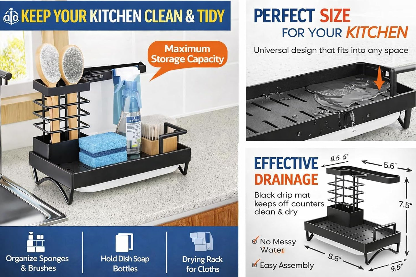 Premium Kitchen Sink Caddy Organizer – Rustproof Stainless Steel Sponge Holder with Drain Tray, Dish Brush Holder, Countertop Organizer with Towel Bar & Utensil Rack (Black)