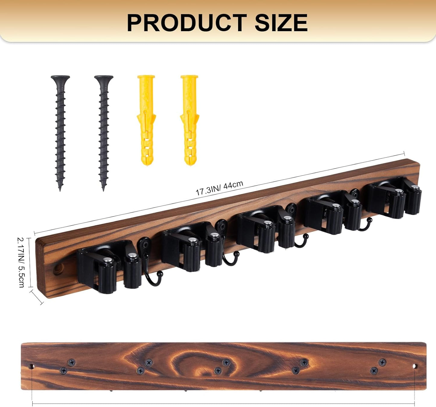 FunCee Broom Holder Wall Mount With 5 Slots & 4 Hooks,Rustic Wood Broom & Mop Hanger,Wall Mounted Garden & Garage Tool Storage Organizer Rack for Closet Laundry Room or Kitchen Wall Decor