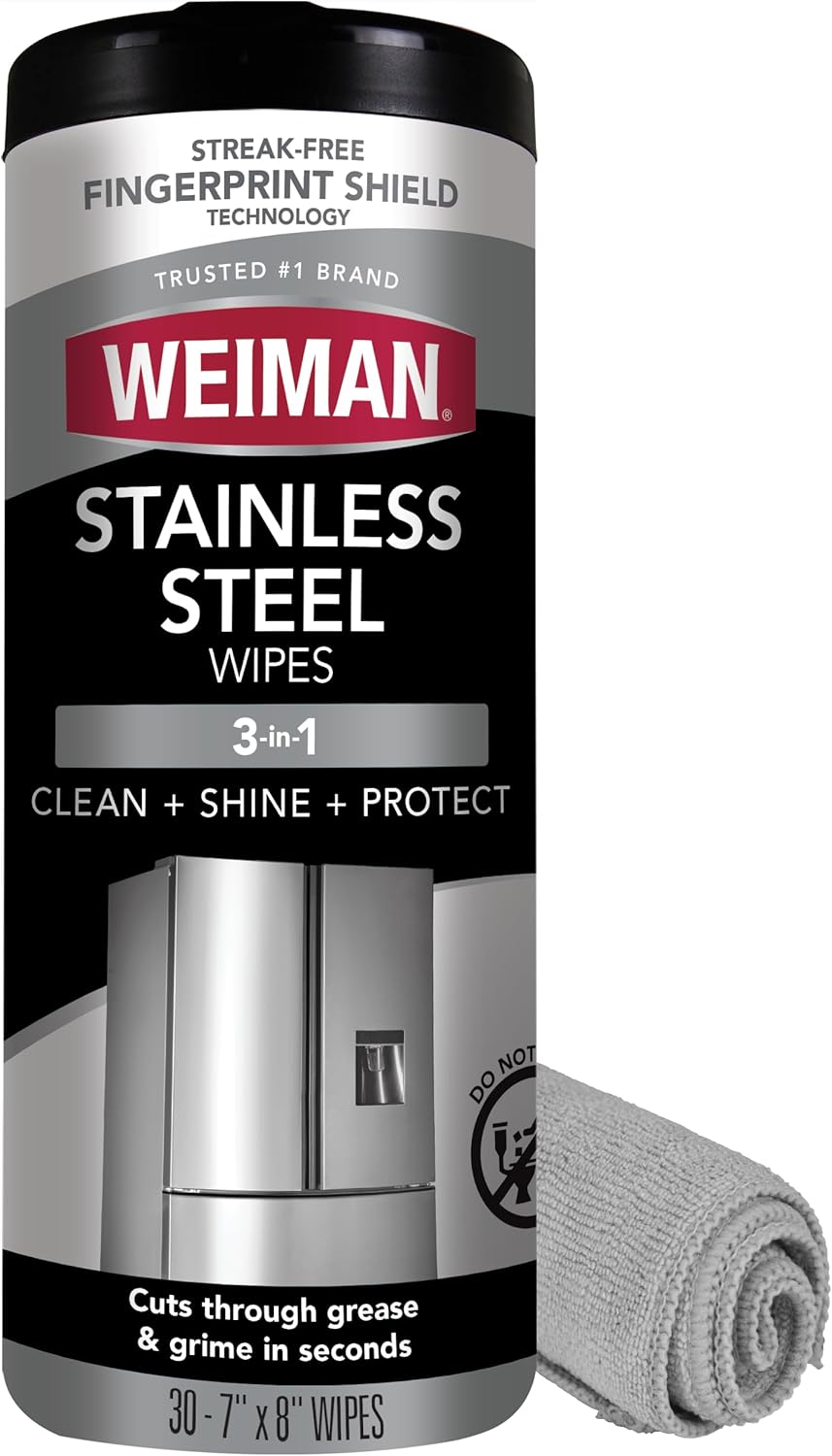 Weiman Stainless Steel Cleaner, 30 Count Wipes, Anti-Fingerprint, Removes Grease, Water Spots, Streaks & Residue, Polishing Cleaner Safe for Appliances, Chrome, Sinks & Grill Exteriors