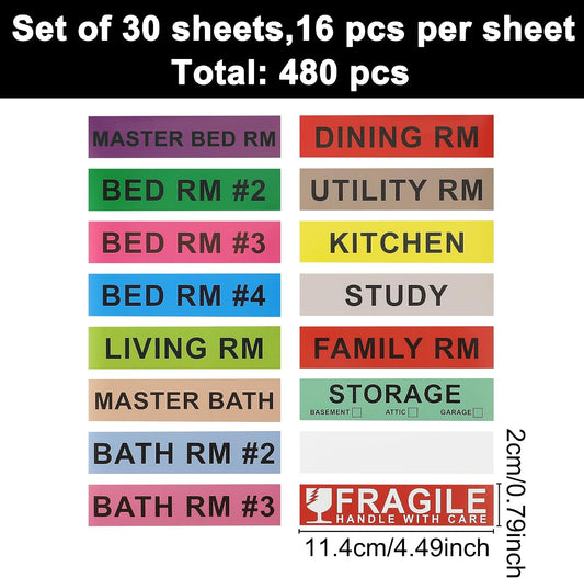 Home Moving Labels for Boxes, 480pcs 4.5"x1" 30 Sheets Removable Strong Adhesive Packing Stickers Fragile & Blank Labels,Pre-Printed Color-Coded Labels for Bedroom Bathroom Home Moving Supplies