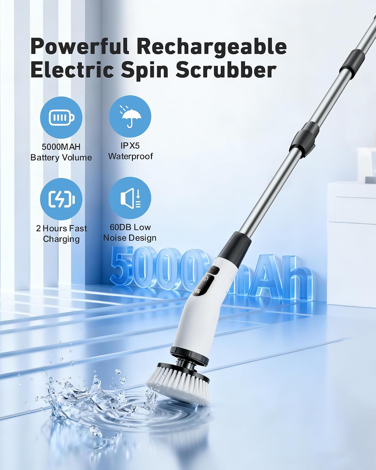 Powerful Electric Spin Scrubber, for Mom, Cordless Cleaning Brush, 90-Min Extended Runtime, Telescopic Long Handle, 8 Replaceable Heads, 2 Speeds for Bathroom, Floor & Glass