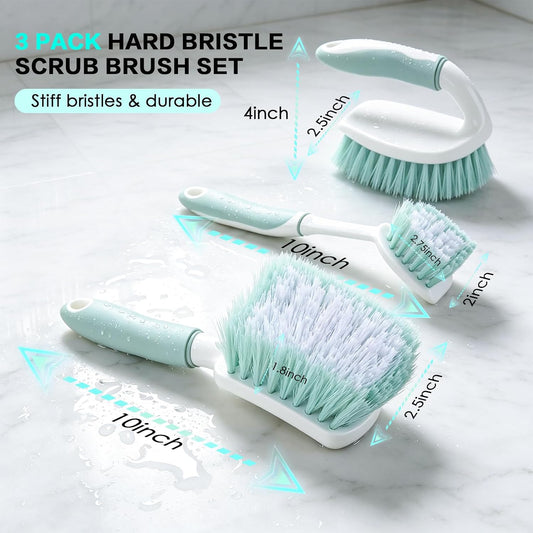 3 Pack Bathroom Scrub Brush Set, Heavy-Duty Scrub Brushes for Cleaning Floor, Green Scrubbing Brush with Non-Slip Handle and Stiff Bristles for Bathtub, Tub, Tile, Gap, Kitchen, Sink