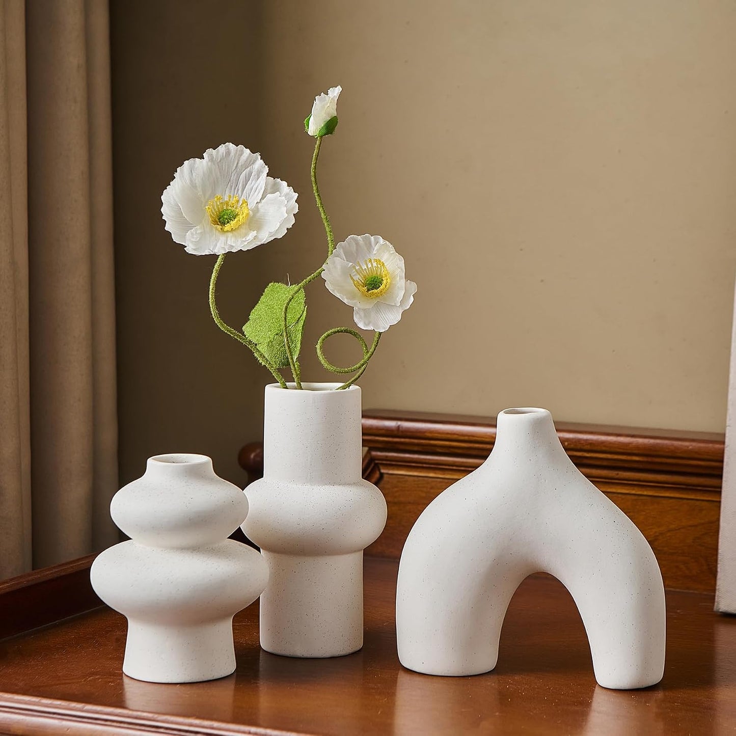 White Ceramic Vase Set of 3, Small Flower Vases for Pampas Grass, Modern Boho Vase for Decor, Round White Vases Centerpieces for Wedding Living Room Bedroom Coffee Table Dinner Table