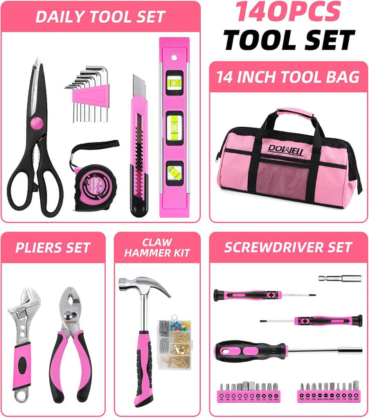 DOWELL 146PCS Homeowner Tool Set, Household Repairing Tool Kit with 14-Inch Wide Mouth Open Storage Tool Bag