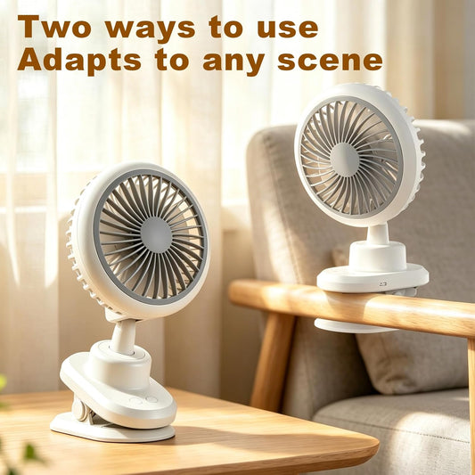 USB Clip On Fan, 180° Auto Oscillation 4-Speed Rechargeable Personal Fan with 3600mAh Battery, Quiet Brushless Motor, 3.2cm Strong Clip for Home, Office, Bedroom, Camping, Travel White