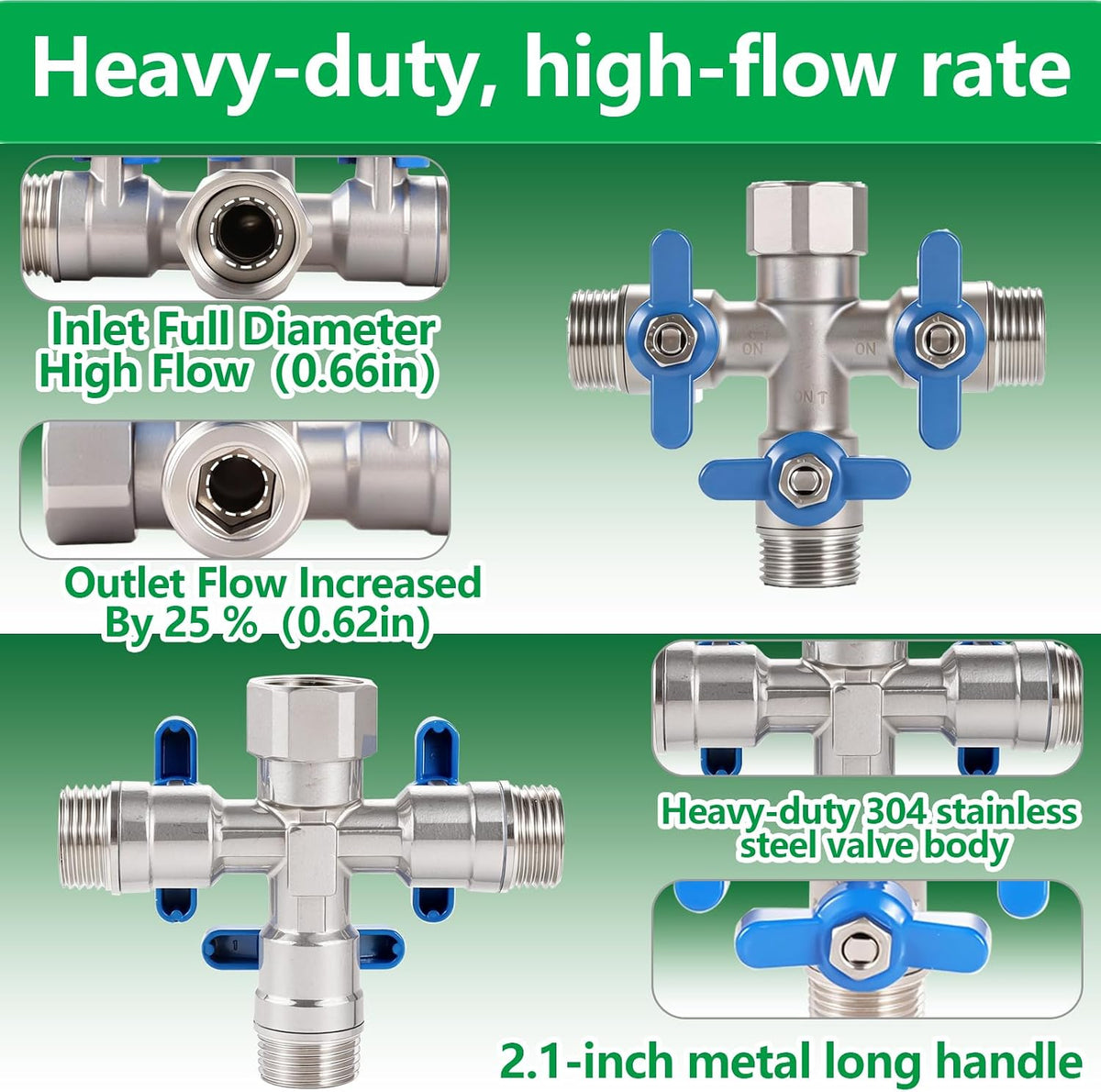 304 Stainless Steel Garden Hose Splitter 2 Way Heavy Duty, Full Flow Hose Y Splitter with Long Handle,Lead-free Y Valve Water Garden Hose Adapter,3/4" GHT Threads
