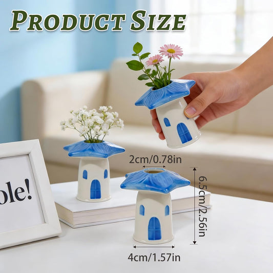 MOUGIGI Cute Blue House Ceramic Bud Vase Set of 3 - Handmade Miniature Vase with Star Roof for Dried Flowers, Chic Japandi Style Decor for Entryway, Dining,Coffee Table - Ideal Small Gift for Home