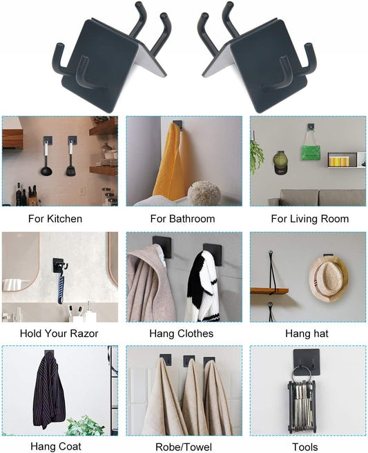 Yikla Adhesive Hooks, Bathroom Wall Towel Hooks, Black Stick Shower Razor Holder, Stainless Steel Door Hangers for Coat Loofah Robes Self Adhesive Organizer for Kitchen