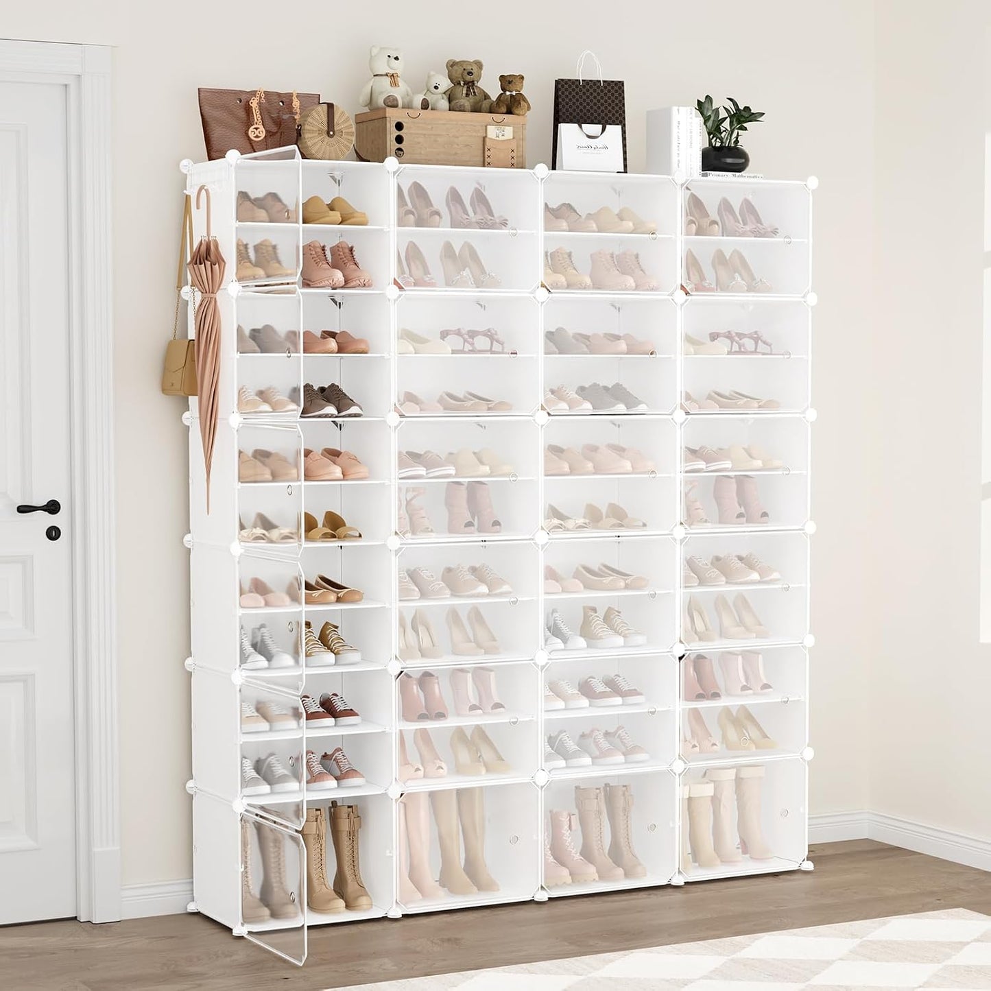 Portable Shoe Rack Organizer with Door, 96 Pairs Shoe Storage Cabinet Easy Assembly, Plastic Adjustable Shoe Storage Organizer Stackable Detachable Free Standing DIY Expandable 12 Tier Black
