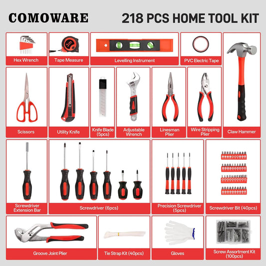 COMOWARE 218 Pcs Tool Set, Basic Tool Kit for Home, Socket Set, Combination Wrench, Screwdriver Bit Set, Rv Tool Set with Storage Tool Bag, Red, Gift for Dad