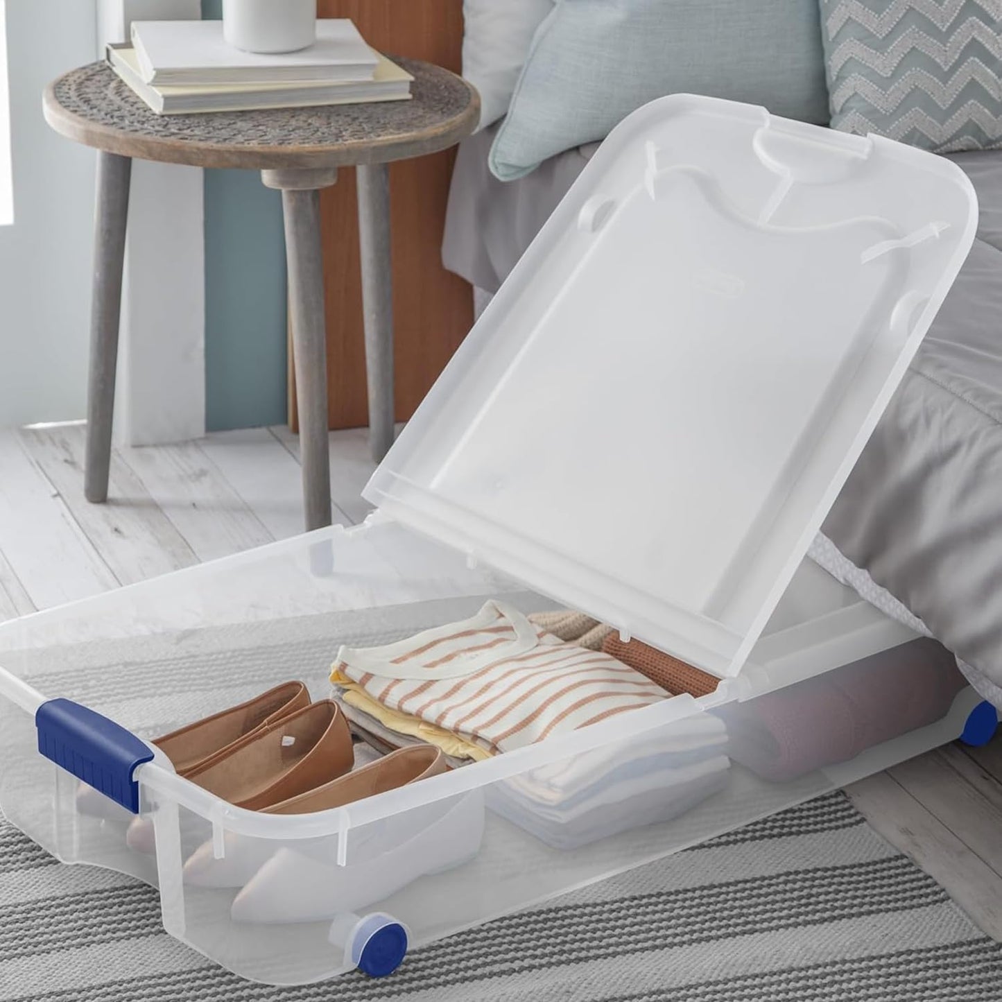 66 Quart Large Capacity Underbed Storage Container with Wheels & Lid | Clear Plastic Rolling Storage Bin for Bedroom, Closet Organization | 39.5” Design for Blankets, Seasonal Clothing & Holiday Decor