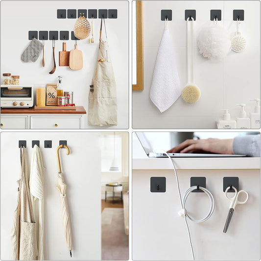 VIS'V Adhesive Hooks for Shower Wall, Heavy Duty, Black, 4 Pcs | Metal Material, Compact Design, Peel and Stick, 2 Extra Adhesive Strips, for Bathroom Kitchen Livingroom Office RV