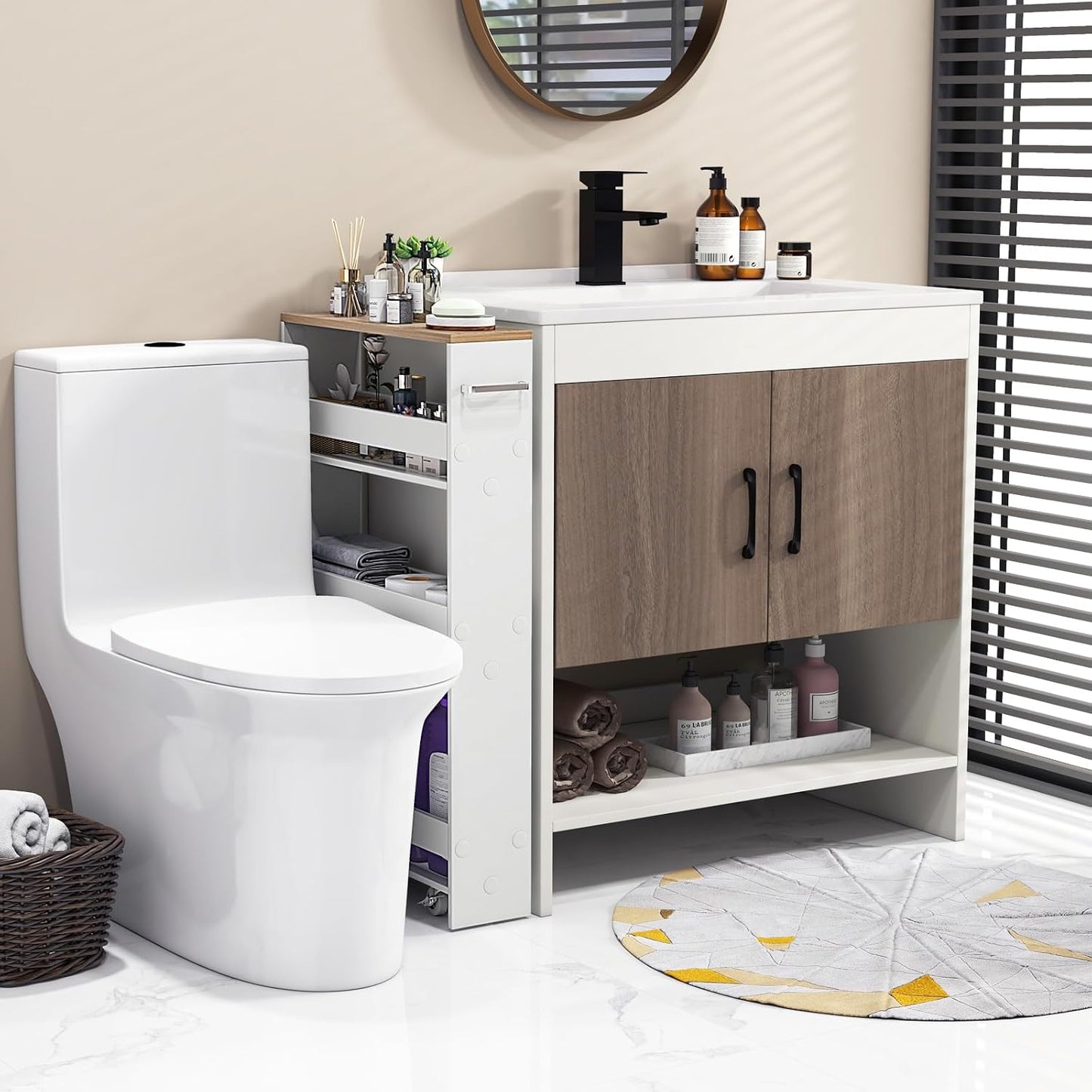 COSTWAY Slim Rolling Storage Cart, 4-Tier Rolling Utility Cart, Wood Kitchen Storage Cart with Handle & Wheels, Narrow Rolling Shelving Unit for Kitchen Bathroom Laundry Small Places (Plain White)
