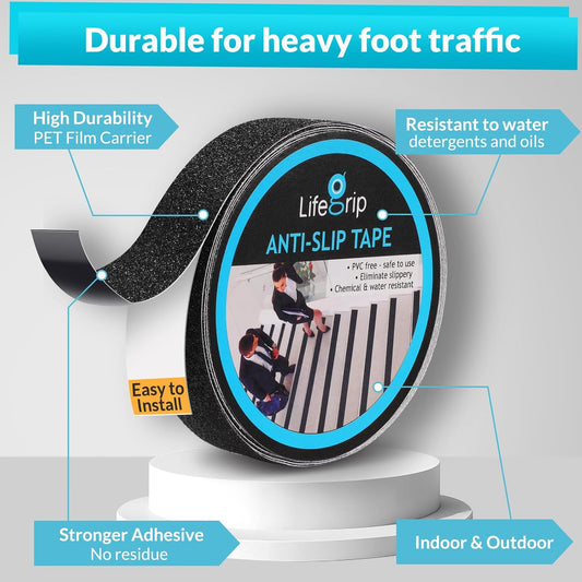 Lifegrip Anti Slip Tape, 4 Inch x 15 Foot Non-Slip Traction Grip Tape for Stairs, Waterproof Stair Treads Grip Non Slip, Non Skid Tape for Steps, Outdoor Black Grip Tape (4" X 15')