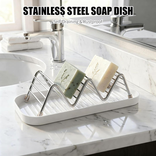 Soap Dish Holder Stainless Steel Self Draining with Tray, Shampoo Bar Holder for Shower, Rustproof Bathroom Soap Dish Organizer for Shampoo Bars, Conditioner Bars, Kitchen Sink Countertop
