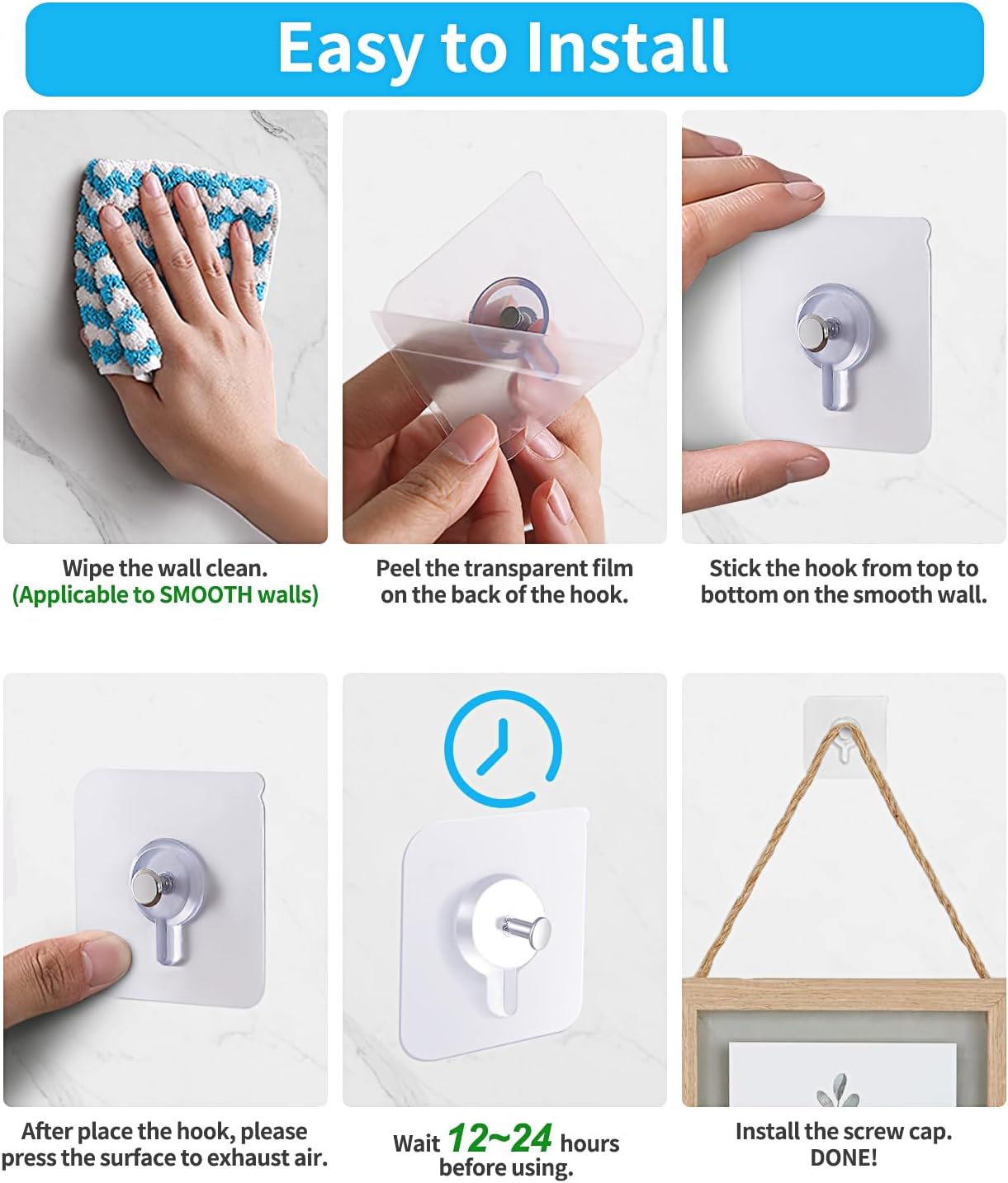 Adhesive Hooks for Wall(13lb Max), Wall Hangers Without Nails for Photos Frames, Utility Waterproof and Oil Resistant Self Adhesive Hooks for Kitchen, Bathroom, Home and Office -10 Pack