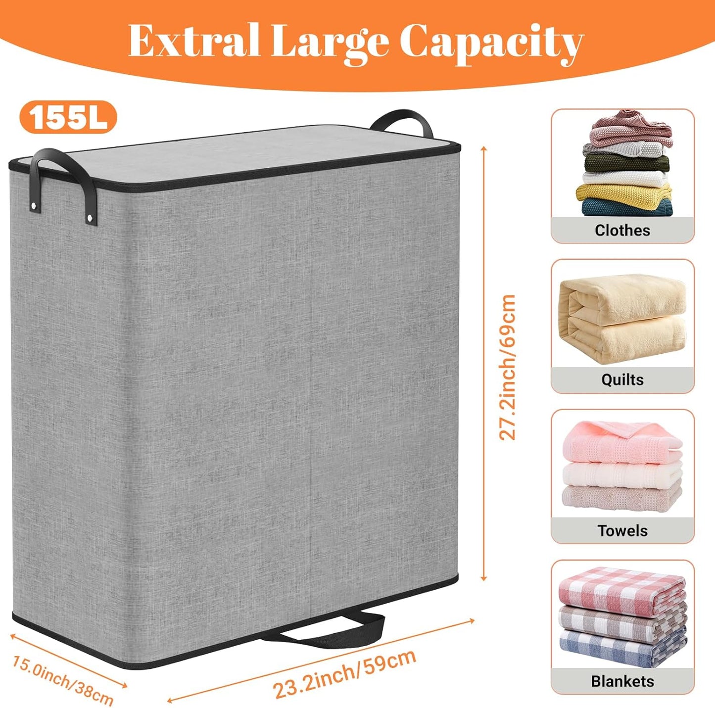 Large Double Laundry Hamper with Lid, Removable Bags & Reinforced Handles, 2 Section Tall Laundry Basket, Dirty Clothes Hampers for Laundry Room, Bedroom, Bathroom, Dorm, 136L, Gray