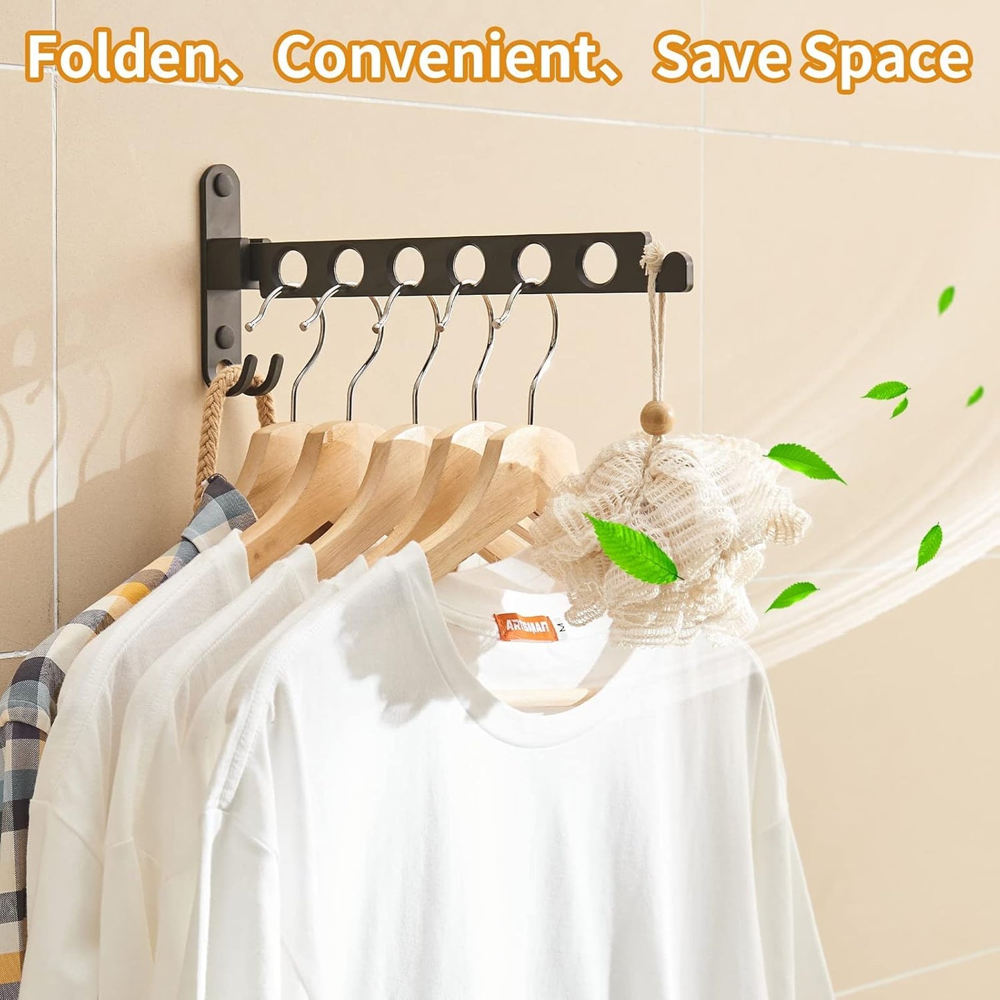 JOOM Wall Mounted Clothes Drying Rack, Black, 1 Pack | Folding Clothes Hanger for Laundry Room, Retractable wall hanger folds flat, saves space in closets, bathrooms, Small Spaces