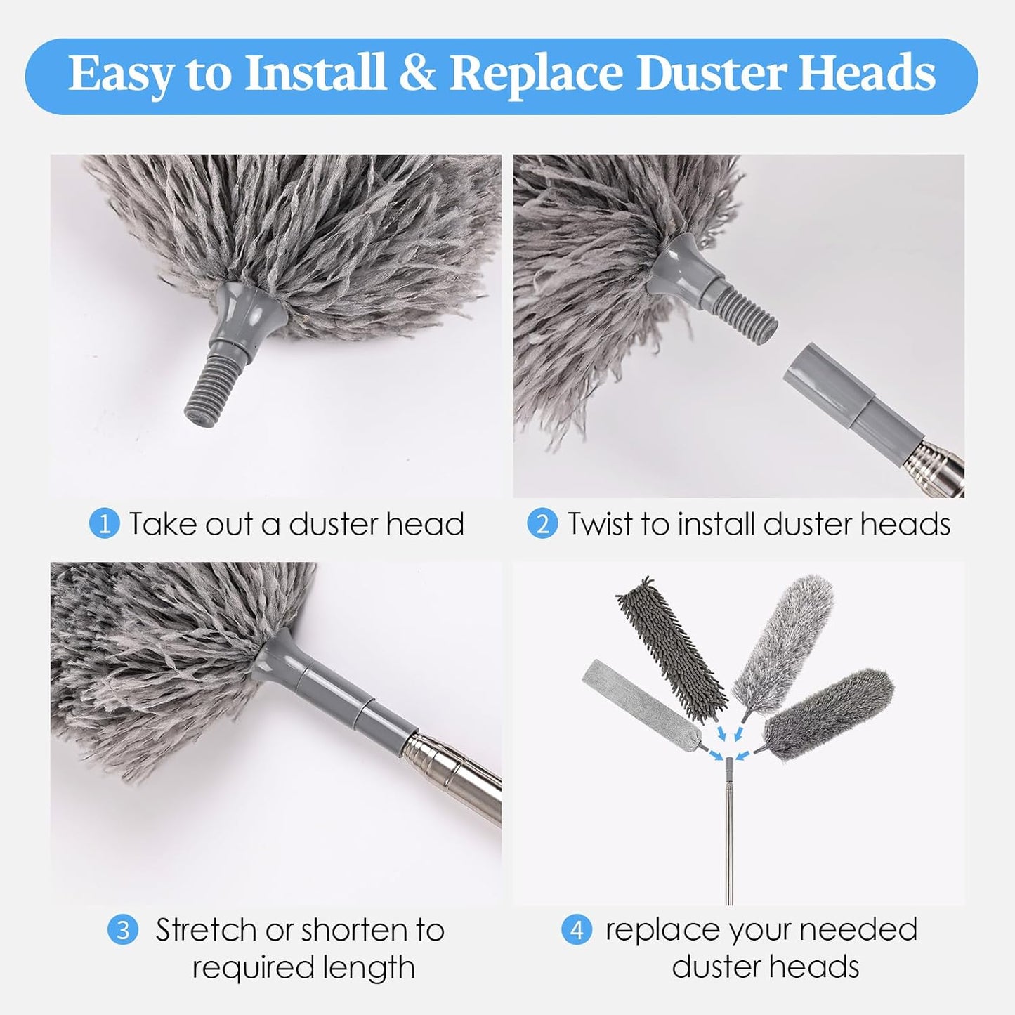 Microfiber Feather Duster 5-in-1 Kit with Extension Pole, Washable Cleaning Duster Set with 3 Duster Heads, Cobweb Duster, Corner Brush, 100'' Extendable Long Duster for High Ceilings, Fans, Furniture