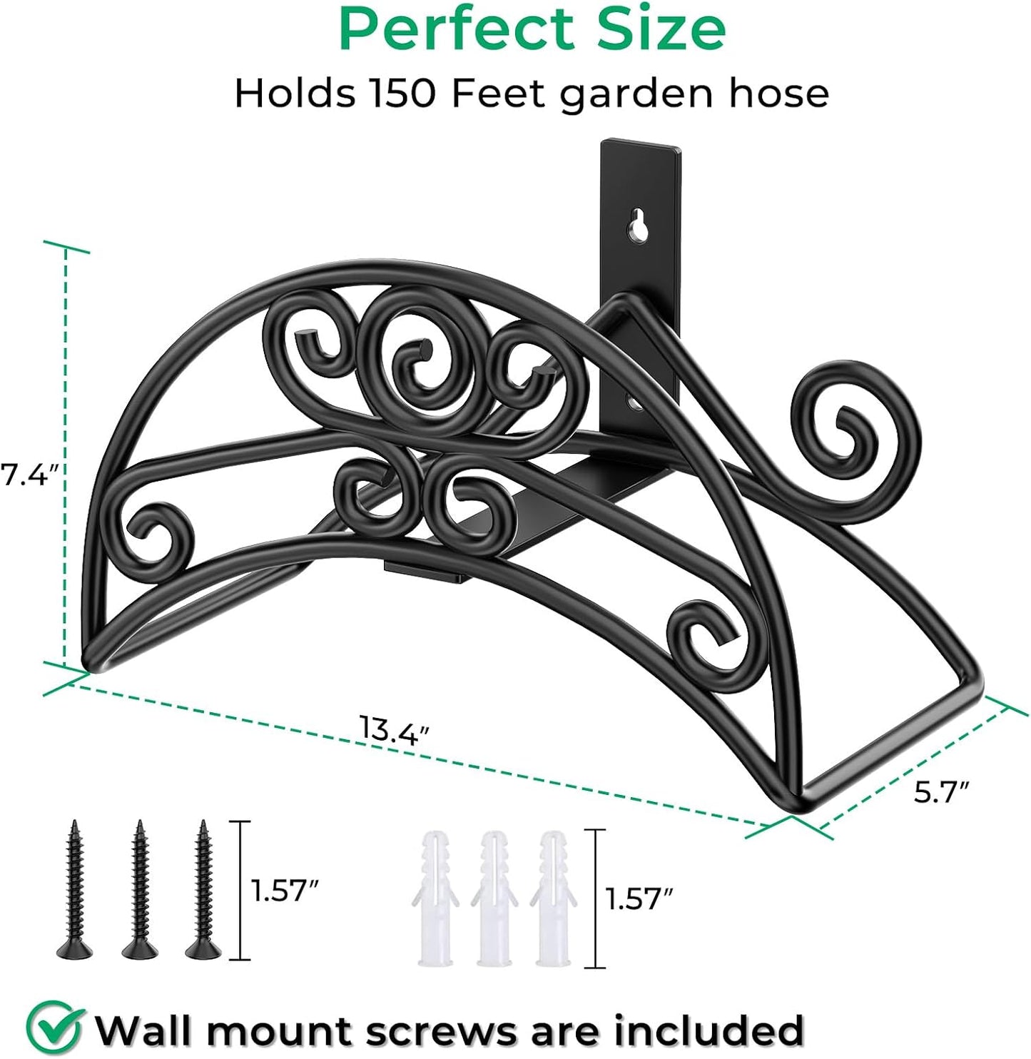 TomCare Garden Hose Holder Wall Mount Metal Water Hose Holder Holds 150Ft Hoses Heavy Duty Hose Hanger Sturdy Hoses Storage Organizer for Outside Yard Garden, Black