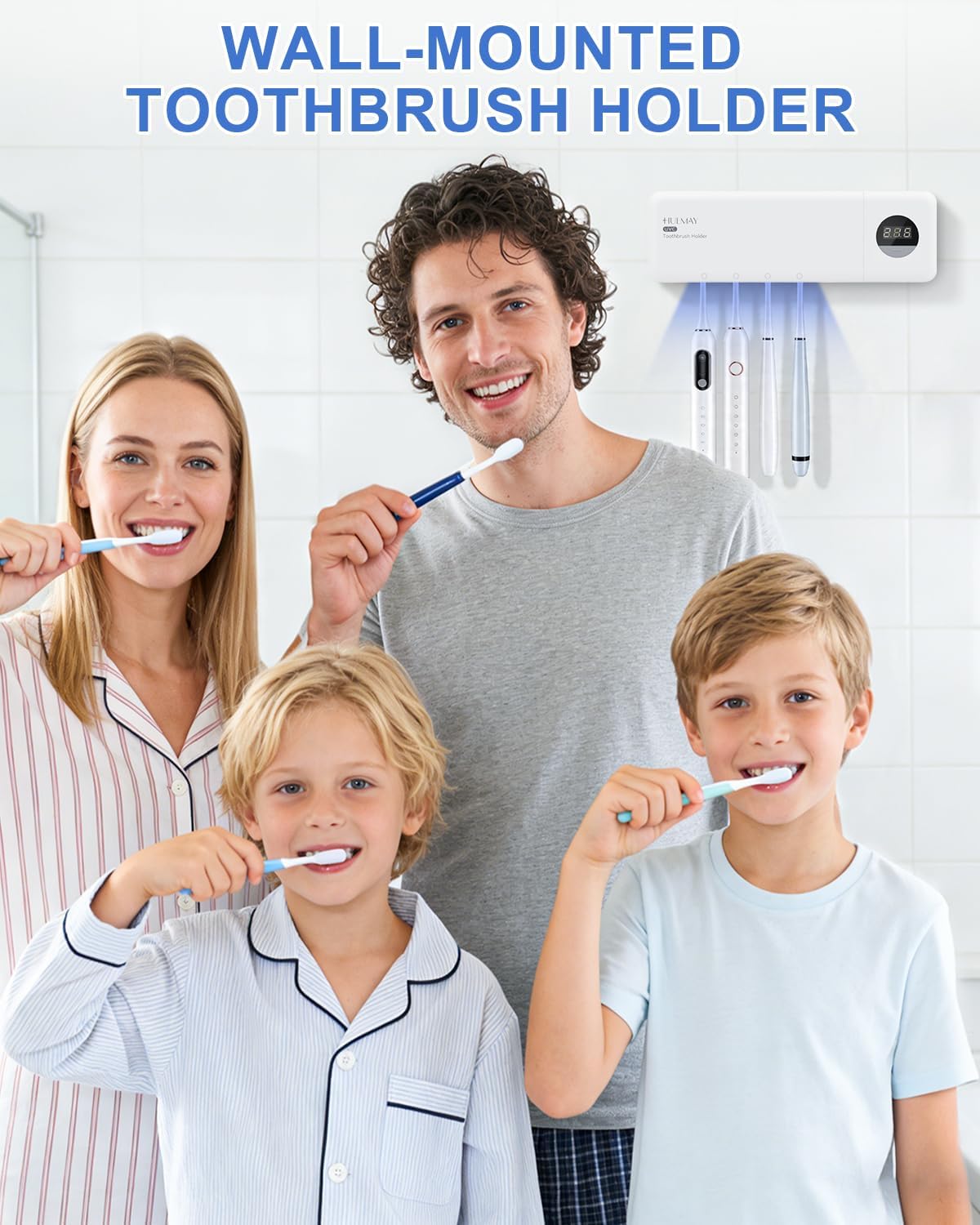 UV Toothbrush Sanitizer with Holder, Electric Toothbrush Holder Wall Mounted with Cover for 4 Slots, 2000mAh Rechargeable with Timer, Cordless Bathroom Organizer - White