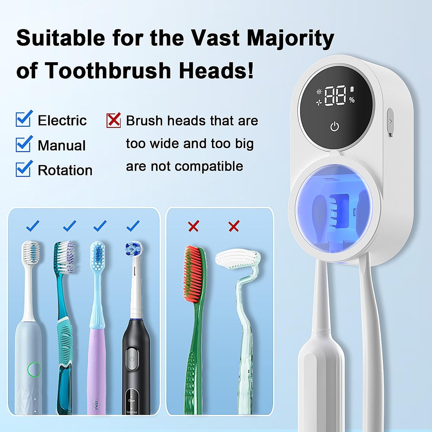Toothbrush Holder and Cleaner Razor Holder/Dryer Light Cleaning and Air Drying Automatic Ratating Cover Rechargeable Wall Mounted for Bathroom Portable for Trip