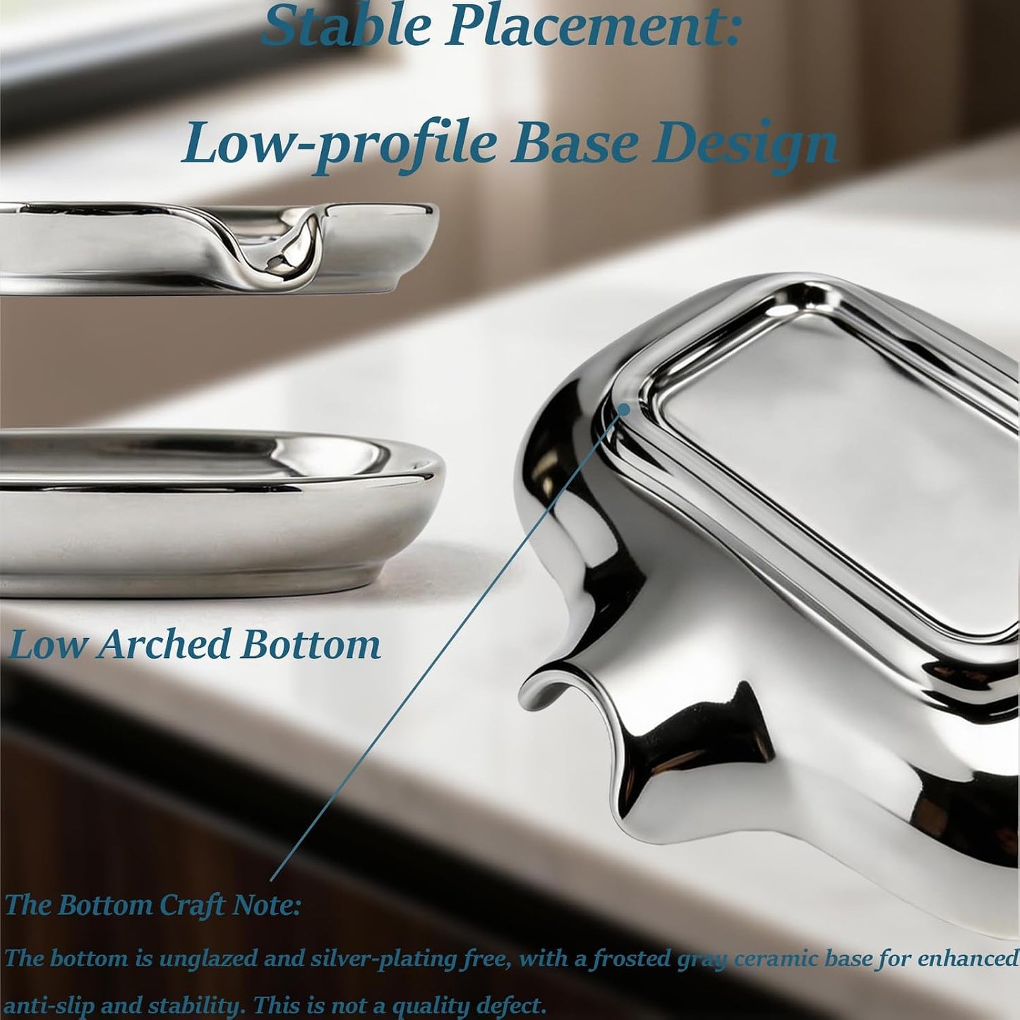 Polished Silver Soap Dish | Self-Draining Bar Soap Holder with U-Shaped Drainage, Decorative Soap Tray for Bathroom Shower & Kitchen Sink
