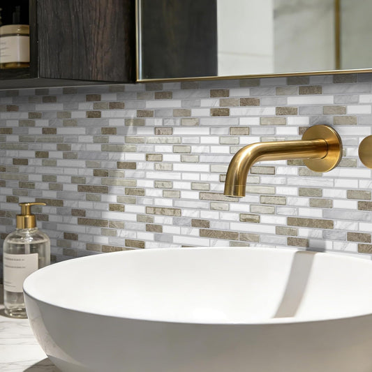 URCOLOR 10-Sheet Peel and Stick Backsplash Tile for Kitchen - 12”×12” Stick on Wall Tile for Bathroom, Black White Grey