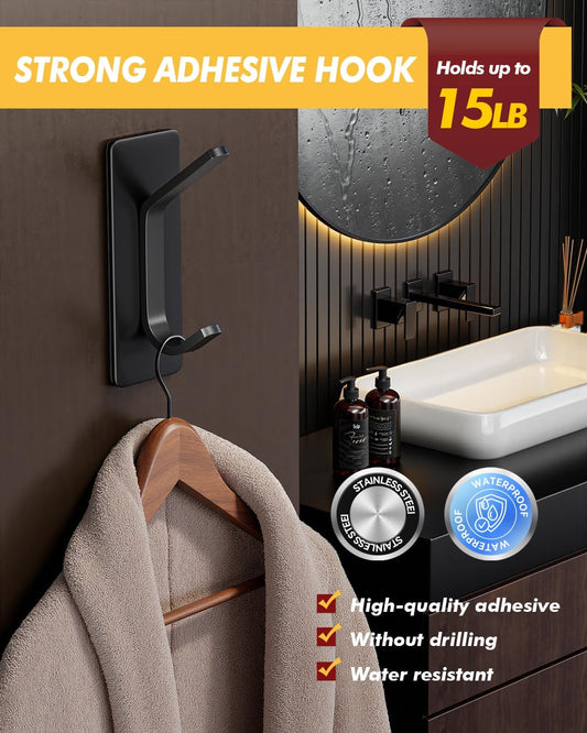Auxmir Self Adhesive Hooks 15lbs Heavy Duty, 5 Pack Stainless Steel Wall Hooks for Coat Towel Robe, Waterproof Rustproof Oilproof, No Drill Door Hanger for Bathroom Shower Kitchen Office RV, Silver