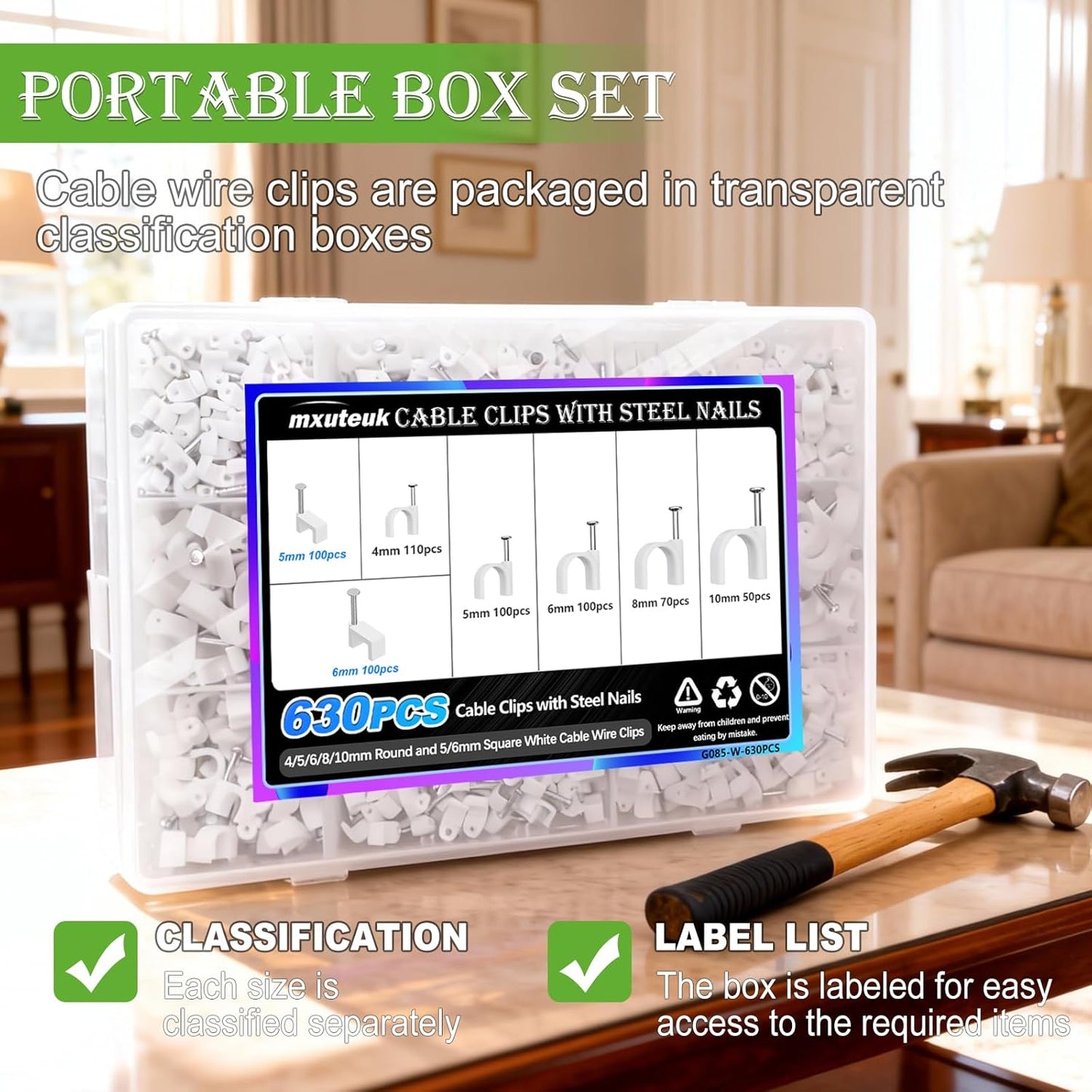 mxuteuk 630PCS Cable Clips with Steel Nails,4/5/6/8/10mm Round and 5/6mm Square White Cable Wire Clips,Wall Clips for Cords,Cable Cord Clips for RG6 RG59 CAT6 RJ45