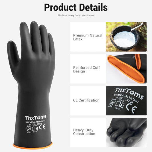 ThxToms Heavy Duty Latex Gloves,Long Rubber Gloves, Chemical Resistant Gloves,Puncture Resistant, Resist Acid,Oil,Alkali, Waterproof for Industrial Cleaning, Gardening, 22", 1 Pair