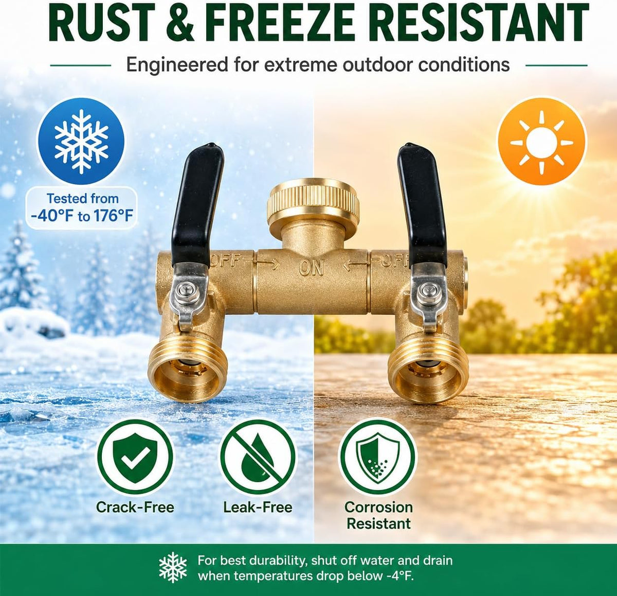 2 Way Garden Hose Splitter Heavy Duty,Full Flow Garden Hose Splitter with 2 Extra Rubber Washers,Brass Rust and Freeze Resistant Water Hose Bib Splitter,3/4” GHT Thread T Adapter