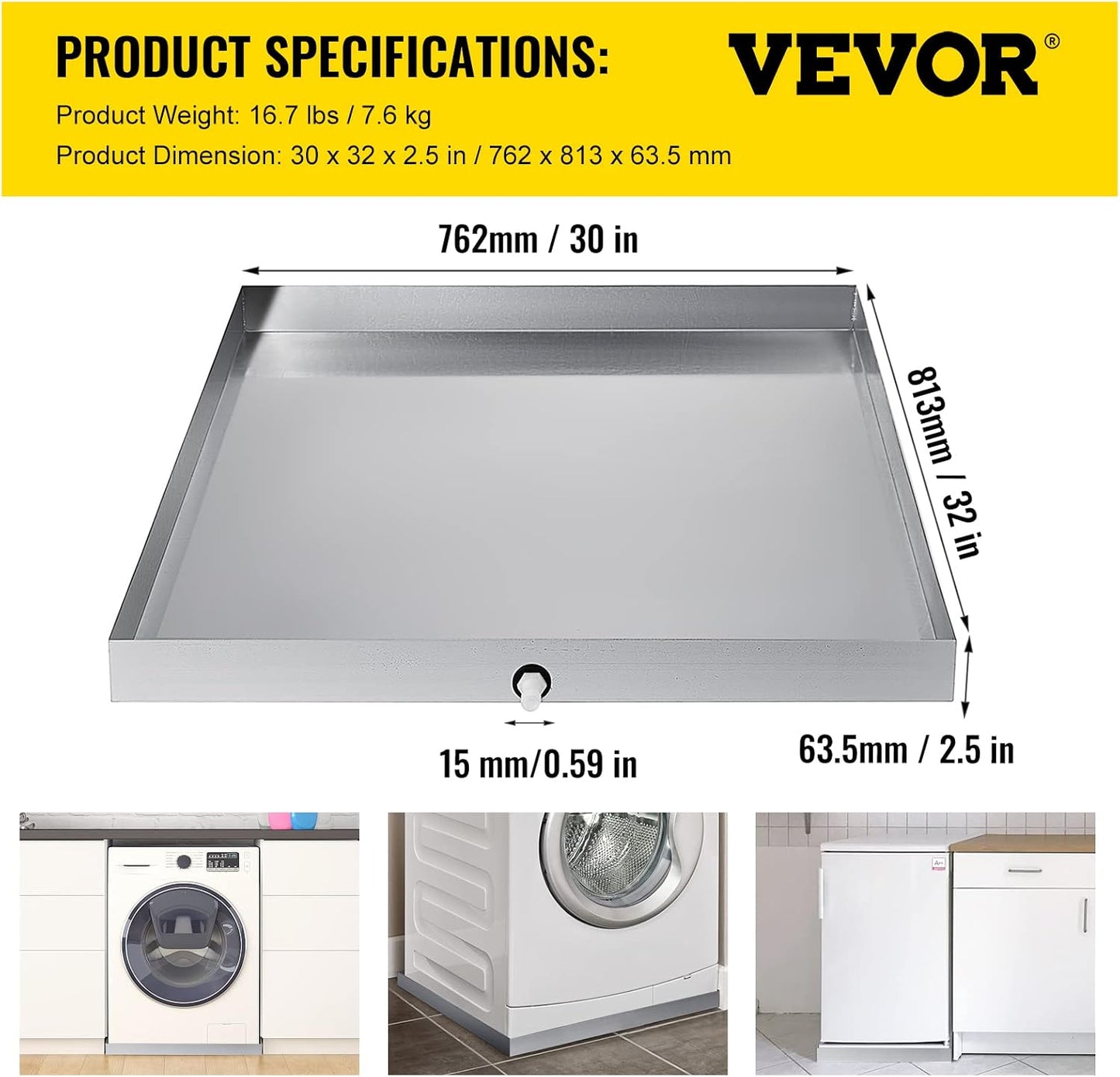 VEVOR 32 x 30 x 2.5 Inch Washing Machine Pan 18 GA Thickness Galvanized Steel Heavy Duty Compact Washer Drip Tray with Drain Hole & Hose Adapter