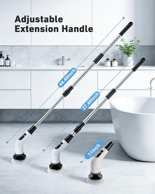 Powerful Electric Spin Scrubber, for Mom, Cordless Cleaning Brush, 90-Min Extended Runtime, Telescopic Long Handle, 8 Replaceable Heads, 2 Speeds for Bathroom, Floor & Glass