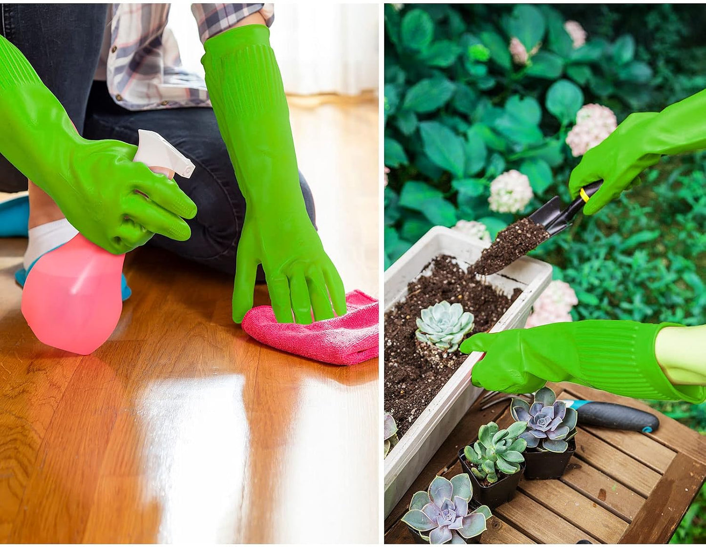Vgo... 10-Pairs Dishwashing Gloves, Reusable Household Gloves, Long Sleeve, Thick Latex, Cleaning, Washing, Working, Painting, Gardening, Pet Care (Size L, Green, RB2143)