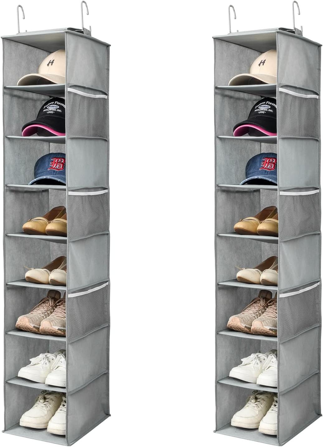 Berdeng Hanging Shoe Organizer for Closet with Side Mesh Pockets,Hat Racks for Baseball Caps,Shoe and Hat Holder & Storage,8-Shelf,Gray,1 Pack