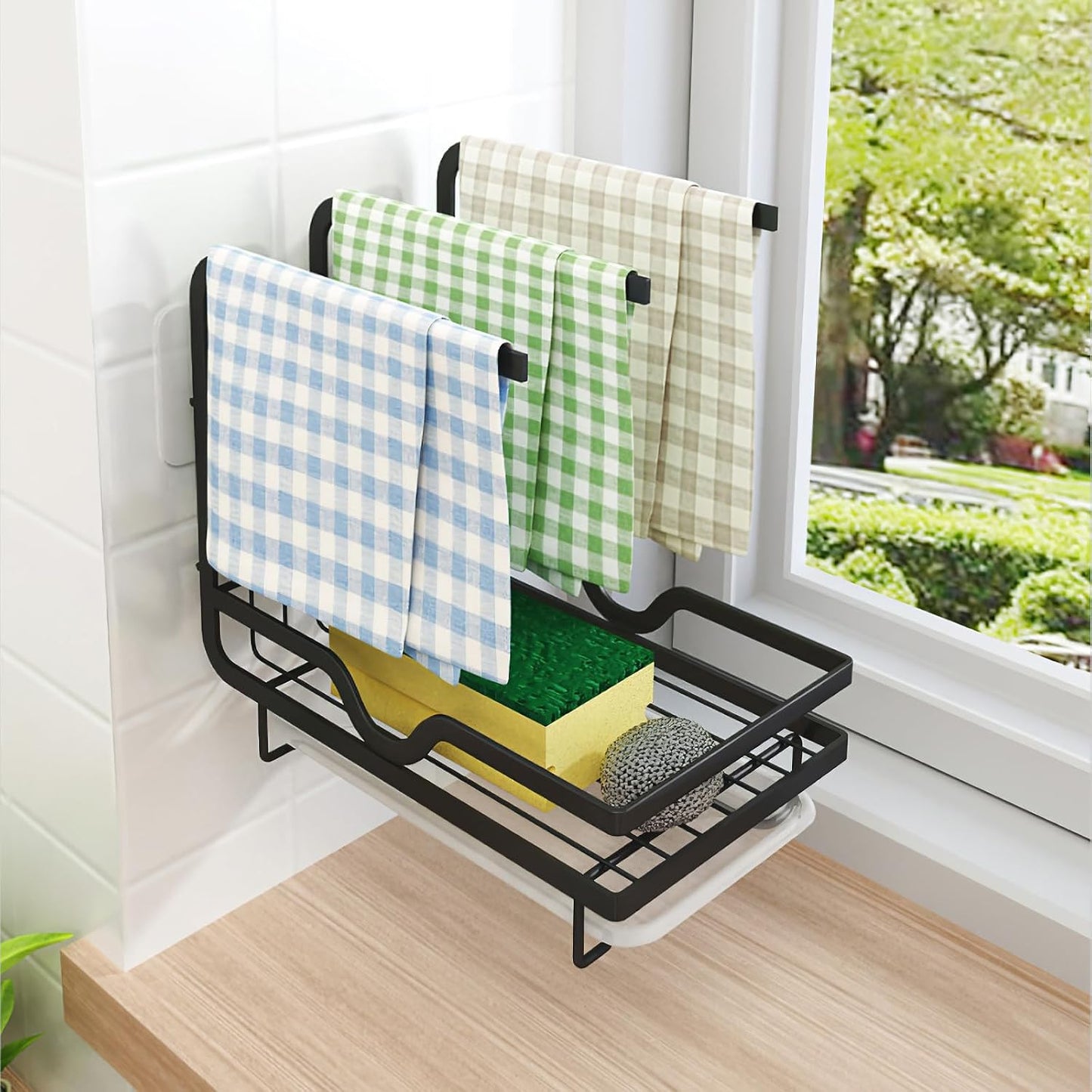 Multifunctional Dishcloth Drying Rack with Sink Sponge Holder, Black Metal Wall-mounted Kitchen Storage Organizer for Household Cleaning Tools and Dish Towels