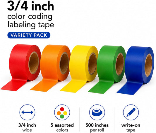 ChromaLabel 3/4 Inch Color Coding Tape Variety Pack, Write-On Labeling Tape, 5 Assorted Colors, 500 Inches per Roll, for Lab, Classroom, Office, Inventory, Moving and Food Service