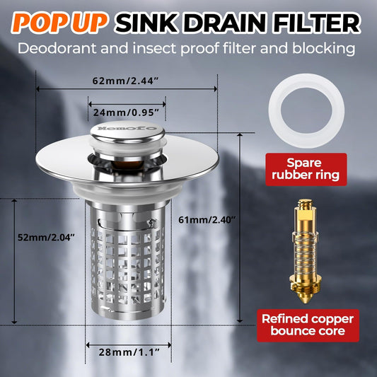 Bathroom Sink Drain Strainer, Stainless Steel Pop-up Strainer Basket Hair Catcher with Removable Basket, Brass Bullet Core, Universal Fit 1.1-2.36 Inch (1PCS)