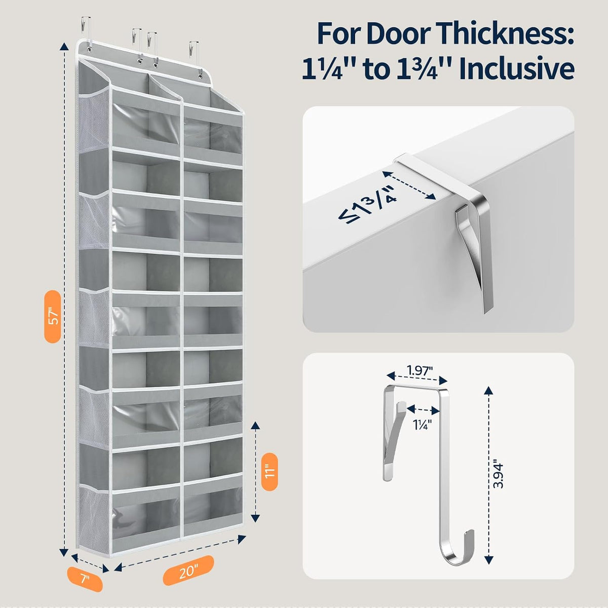 Yecaye 5-Tier Over The Door Organizer Dual-Column, 80lbs Load Over The Door Storage of 10 Compartments, Heavy Duty Door Organizer Hanging for Bedroom Closet Dorm Bathroom Pantry, Grey 1 Pack