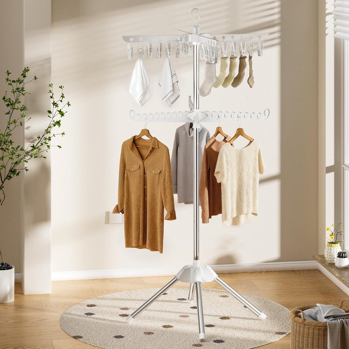 Abiglifty Rotatable and Foldable Clothes Drying Rack, Space Saving Free Standing Laundry Drying Rack for Indoor, Balcony, 1 Layer