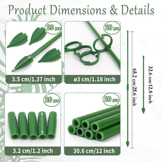 20 Pcs Plant Support Stakes, 12.83" Indoor Plant Stakes Adjustable Length, Garden Sticks for Indoor Outdoor Plants, Plant Poles with with Rings Clip for Potted Plants Tomato Monstera Orchid