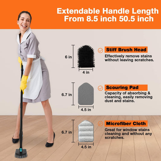 3 in 1 Scrub Cleaning Brush with Long Handle 51'' - Shower Bathtub Tub & Tile Scrubber Brush Include 1 Stiff Brush Head & 3 Scouring Pads & 3 Microfiber Clothes, for Wall Bathroom Glass Bathtub(White)