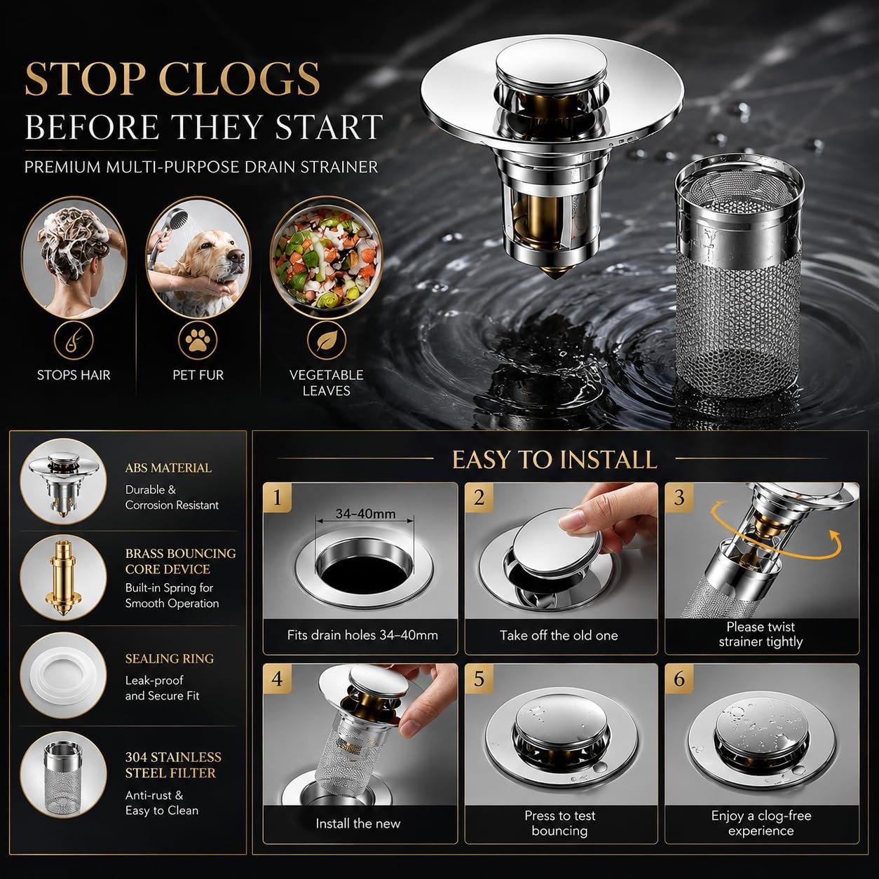 Stainless Steel Sink Drain Strainer Basket, Fine Mesh Kitchen Sink Filter with Hair Catcher, Anti-Clog Food Debris Catcher, Removable Basket, 5.9 cm Flange, 3 cm Filter Diameter