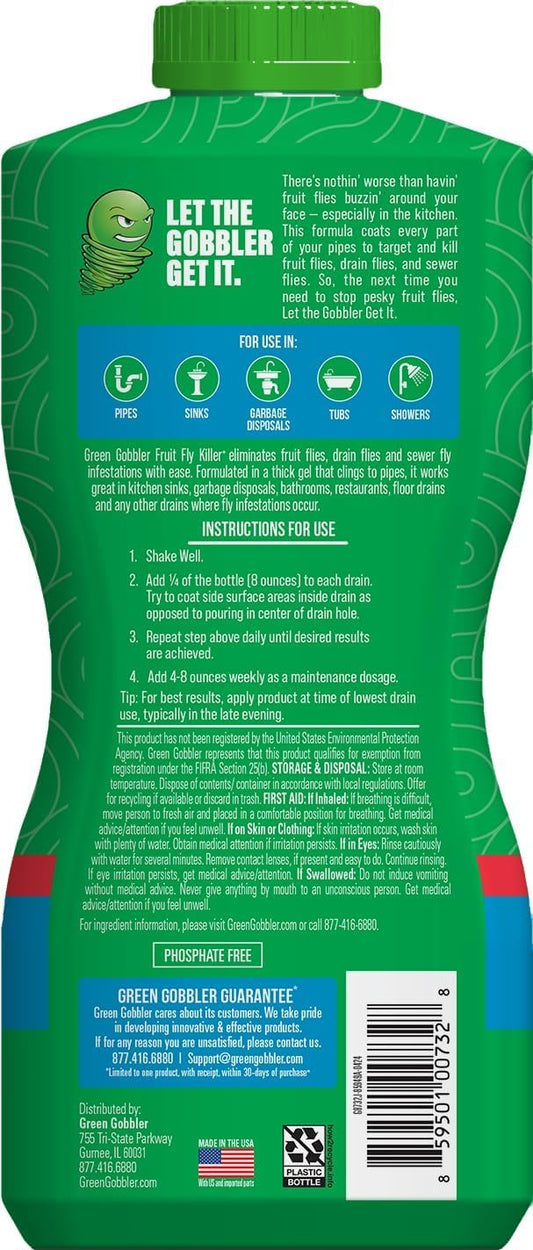 Green Gobbler Fruit Fly Killer+ - Kills Fruit Flies, Drain Flies & Sewer Flies, Gel Treatment for Use in Sinks & Pipes - Safe for Septic Systems, 32oz