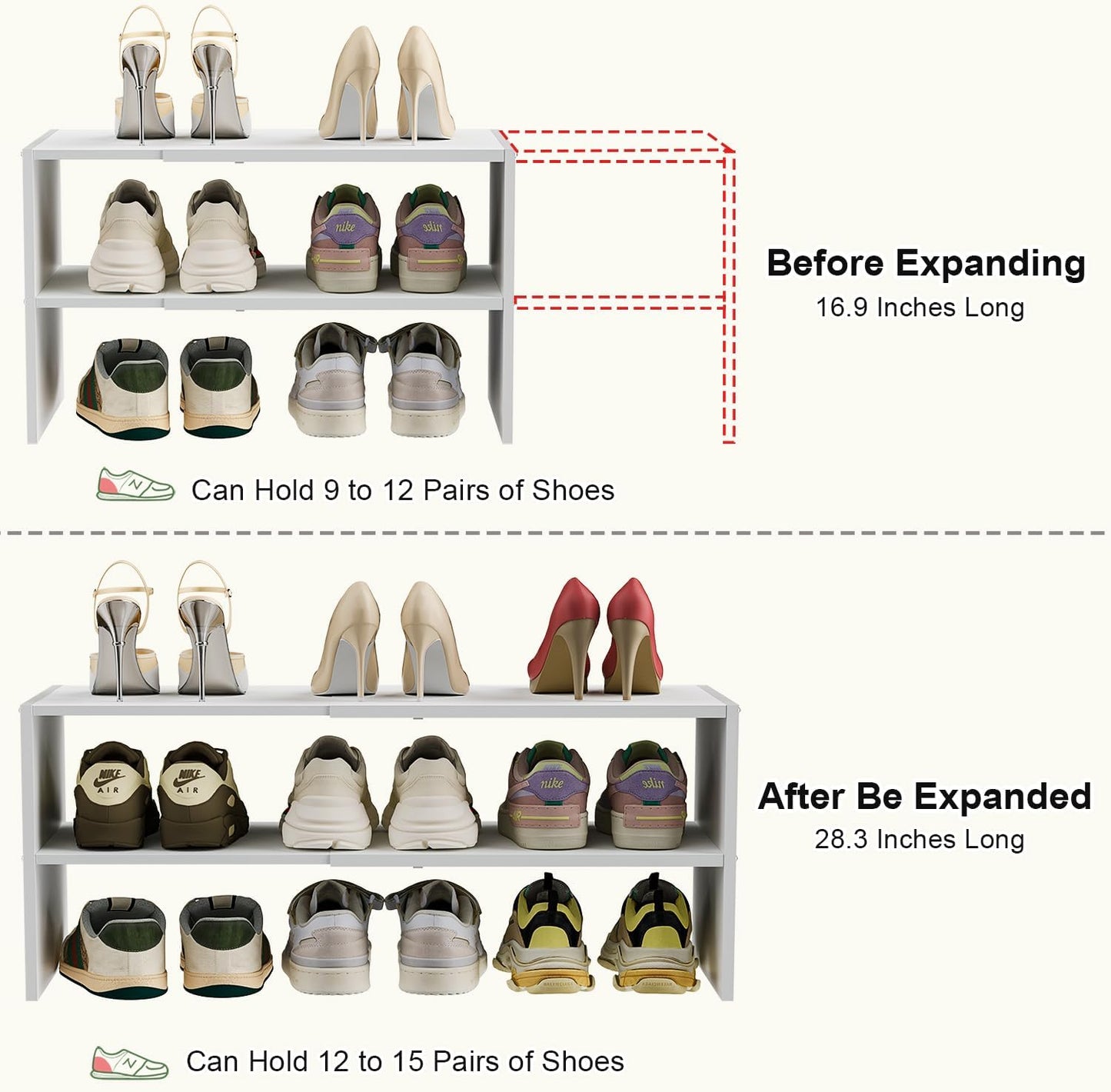 White Shoe Rack Organizer for Closet, 2-Tier Expandable Shoe Shelf, Stackable Iron Wood Combination Small Shoe Racks Shelves for Closets, Entryway,Small Space,Hallway,Bedroom,Bathroom,6-12 Pairs