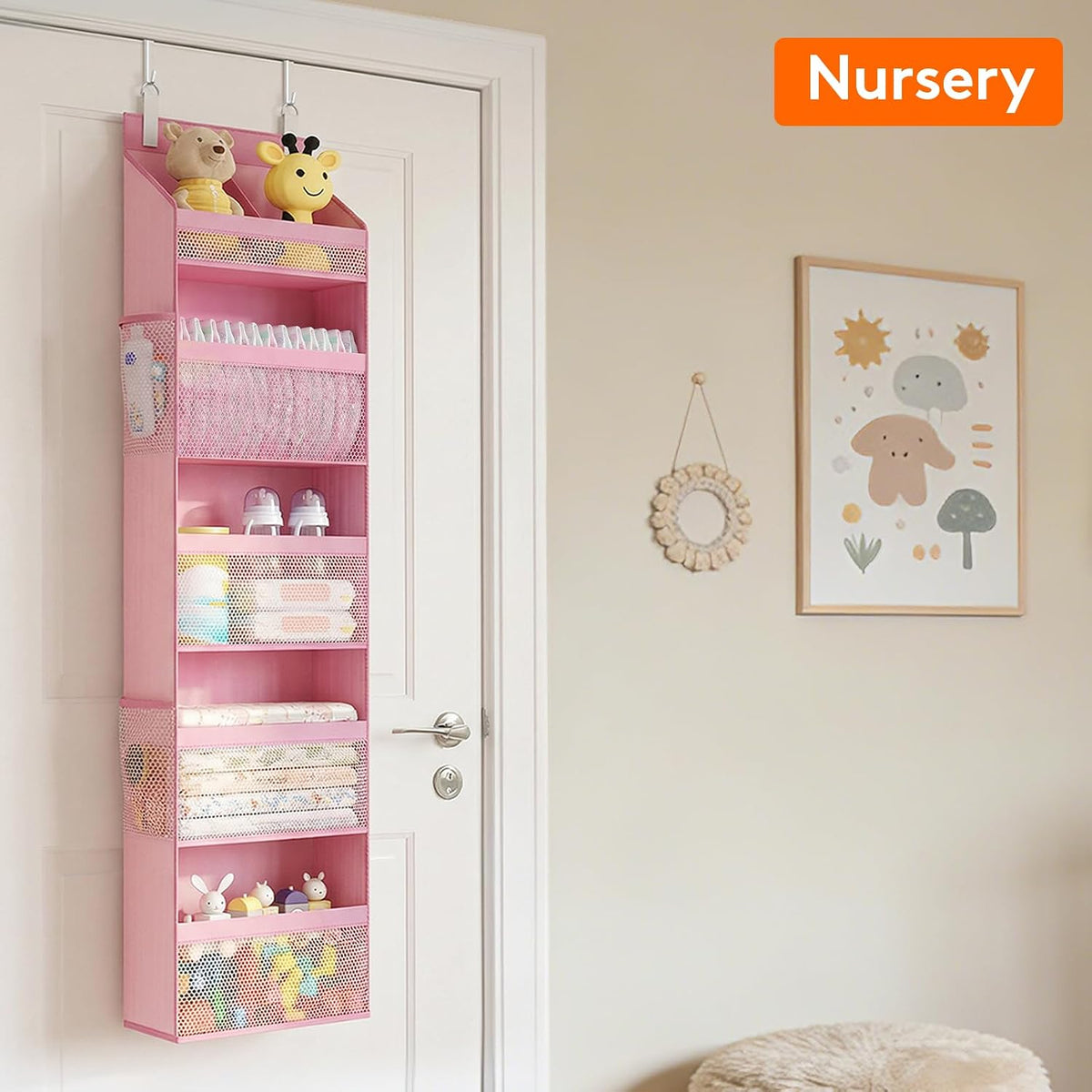 Lifewit 4 Tier Over the Door Diaper Organizer for Nursery, Large Heavy Duty Hanging Storage with 4 Mesh Side Pockets, Sturdy Back of Door Shelf for Baby Stuff Toy in Pantry, Laundry, Bathroom, Gray