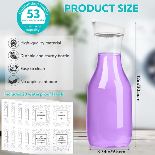 VZZNN 4 Pack Laundry Bottles 53oz Plastic Liquid Detergent Dispenser with 20 Label Laundry Room Organization for Liquid Powder Bleach Scent Booster Beads Soap Fabric Softener
