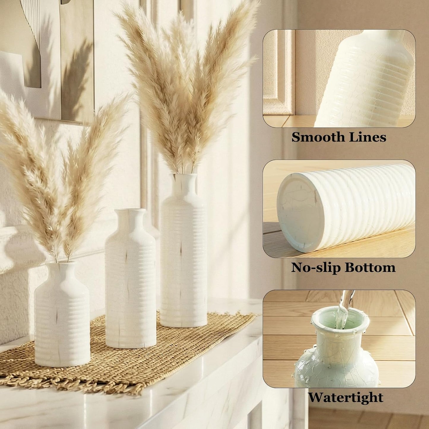 Firehold Ceramic Vase Set of 3, Rustic Farmhouse Boho Vases, Textured Country Home Decor, Small Decorative Vases for Shelves Mantel Table, Gift Set for Dried Pampas Grass & Fresh Flowers (White)